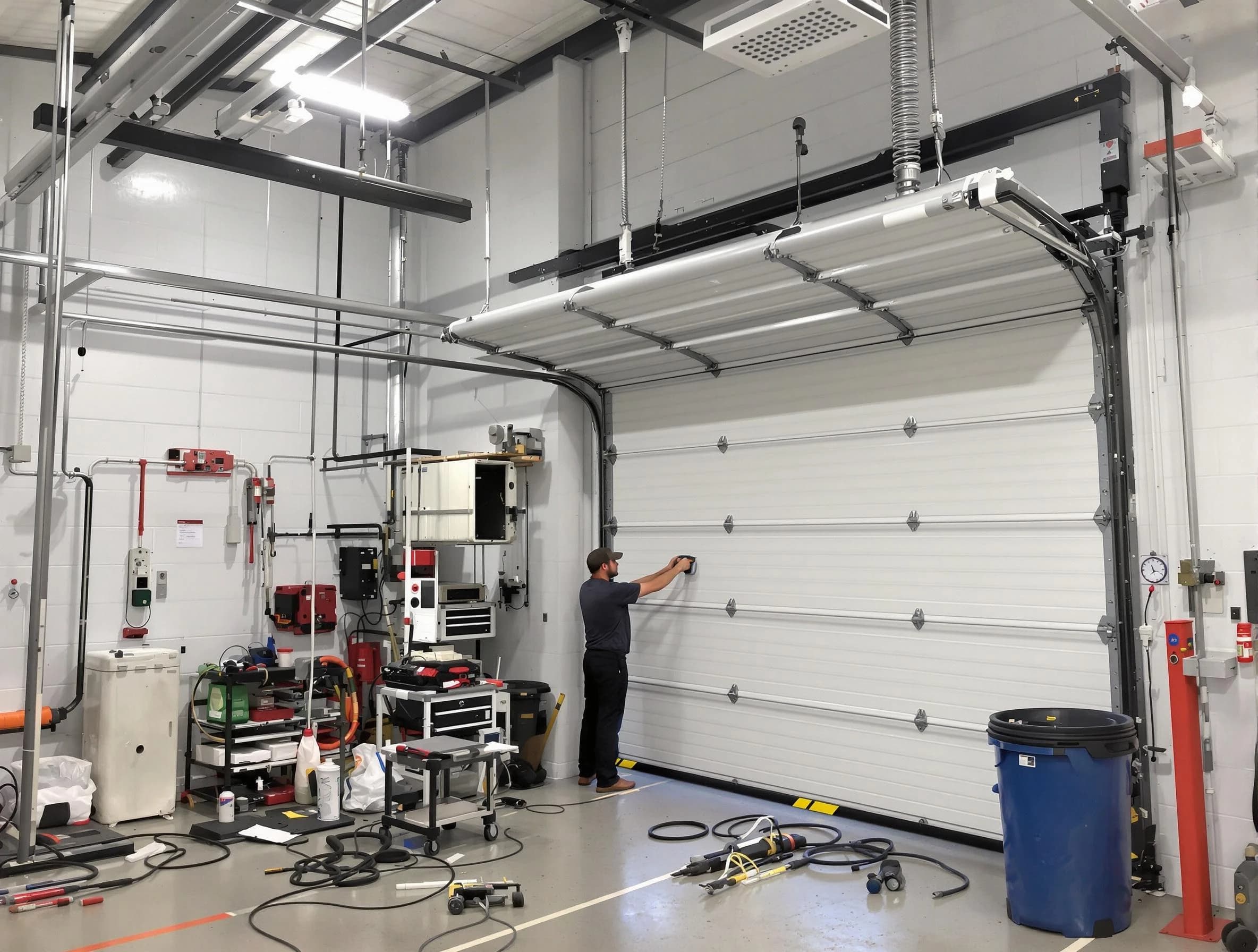 Highland Garage Door Repair certified technician performing commercial door repair at a Highland business facility