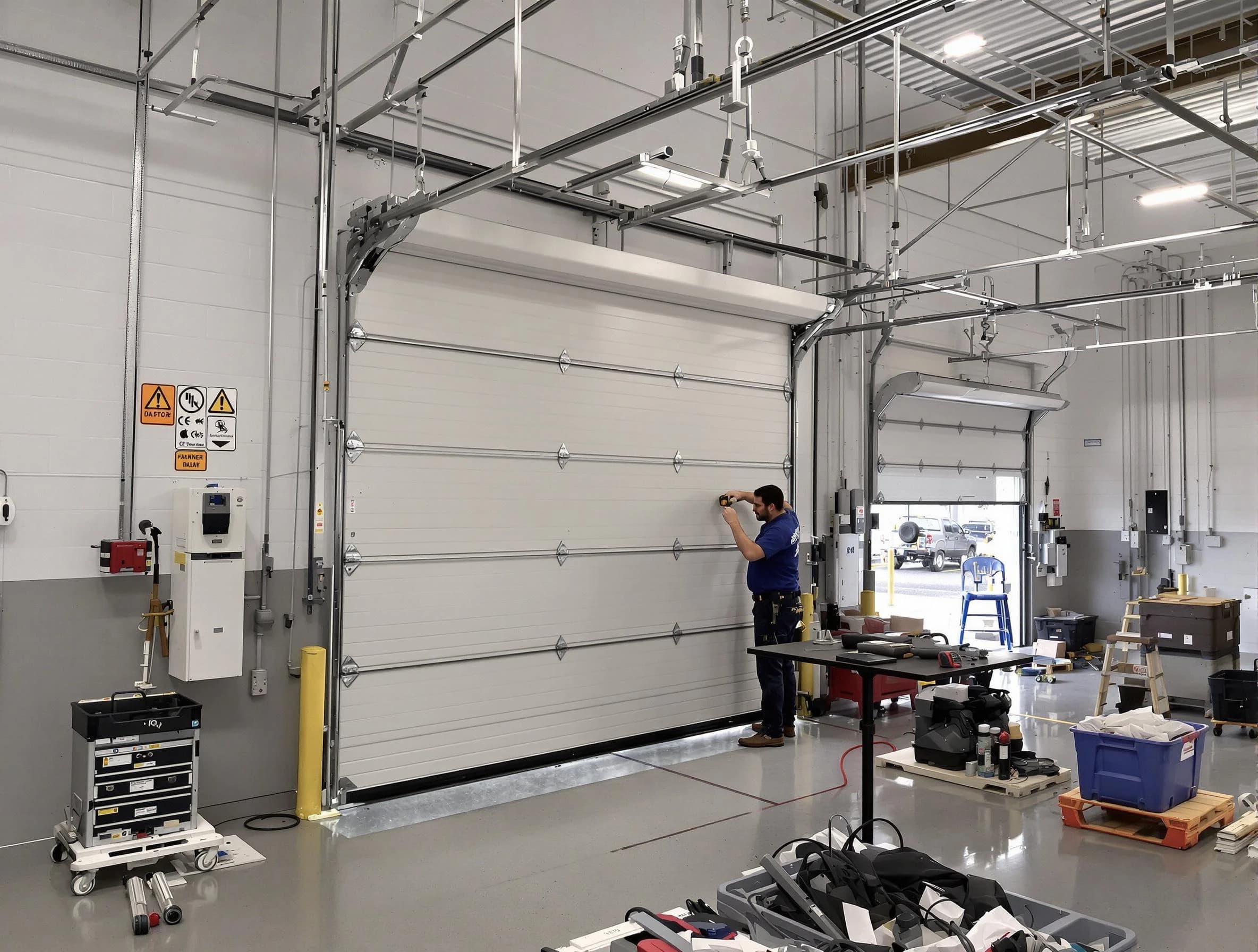 Commercial garage door repair being performed by Highland Garage Door Repair expert in Highland