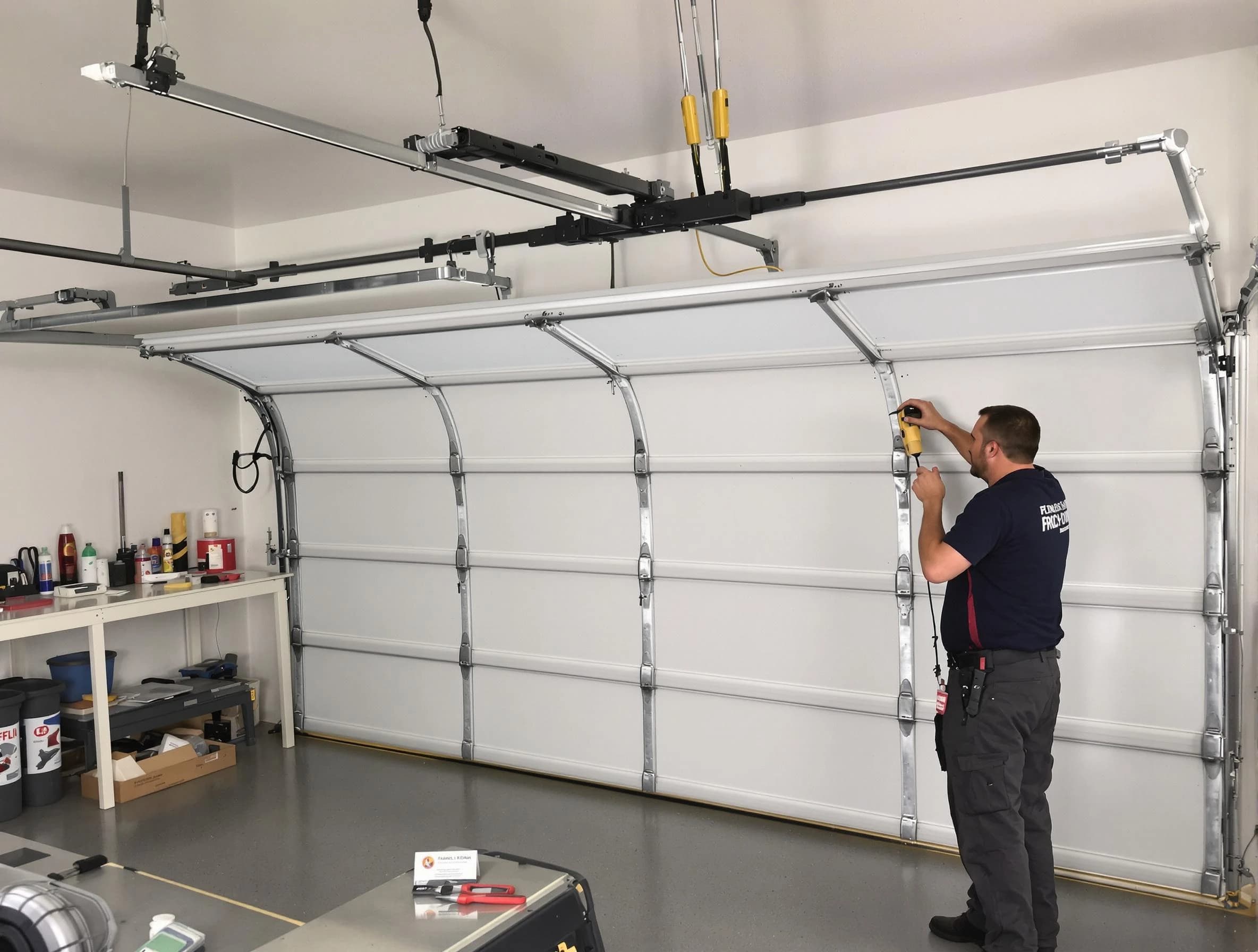 Highland Garage Door Repair certified technician performing overhead door system repair in Highland