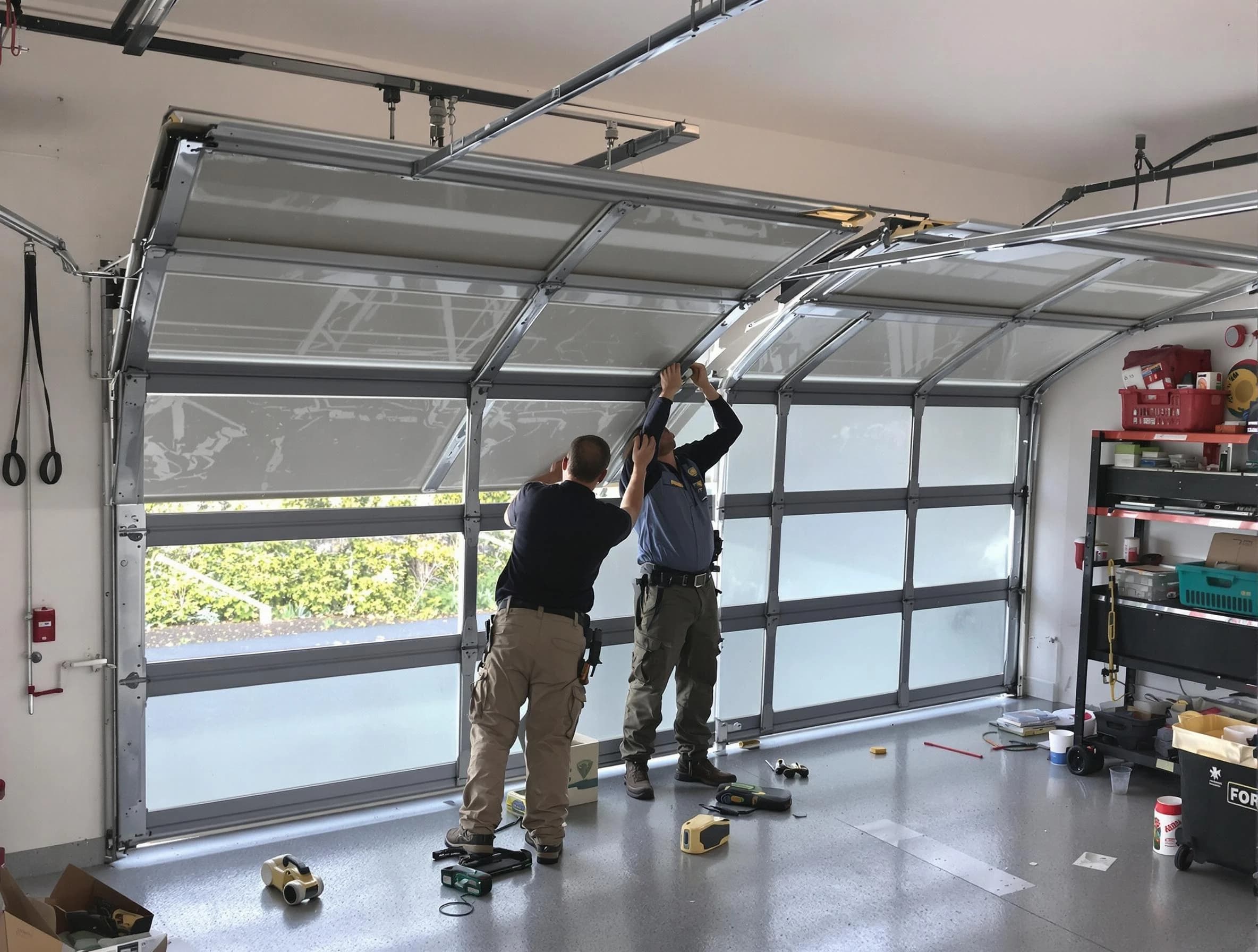 Highland Garage Door Repair expert performing precise panel replacement on Highland garage door