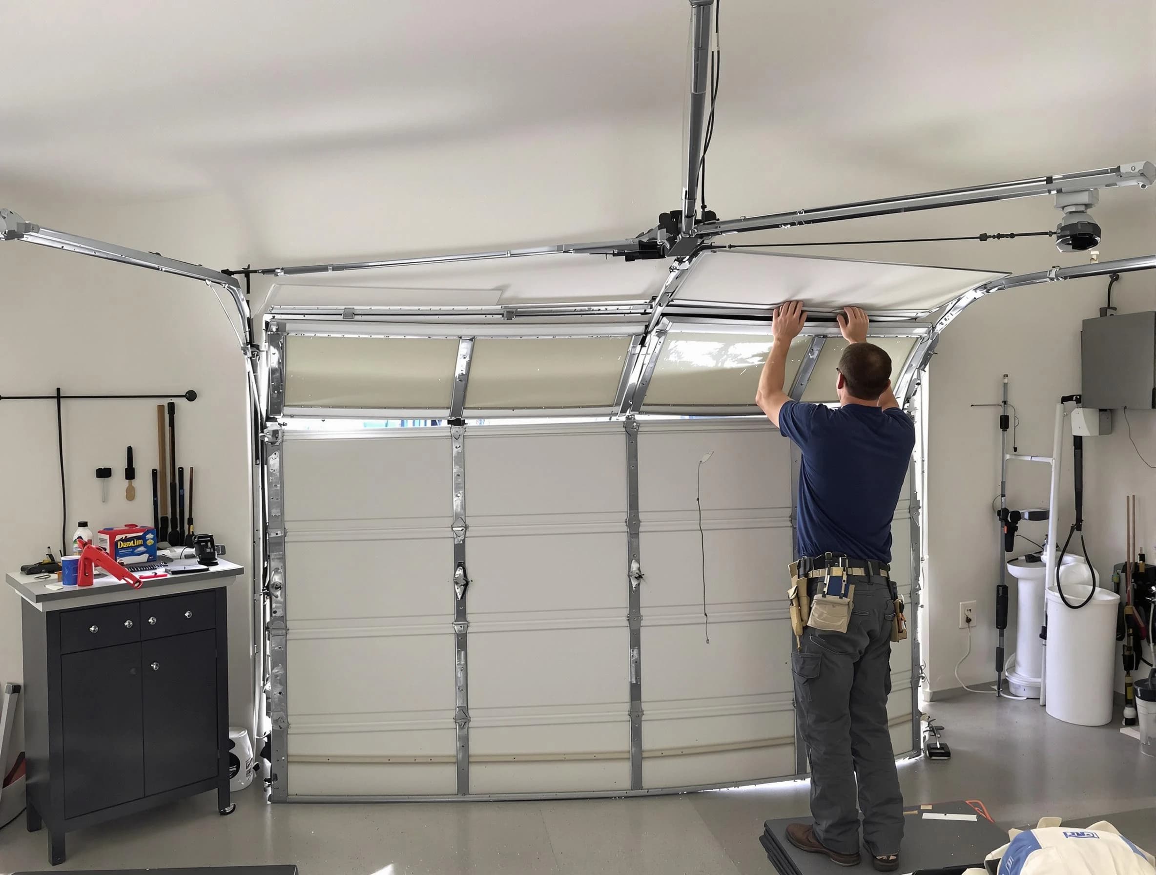 Highland Garage Door Repair specialist performing precise section replacement on Highland garage door