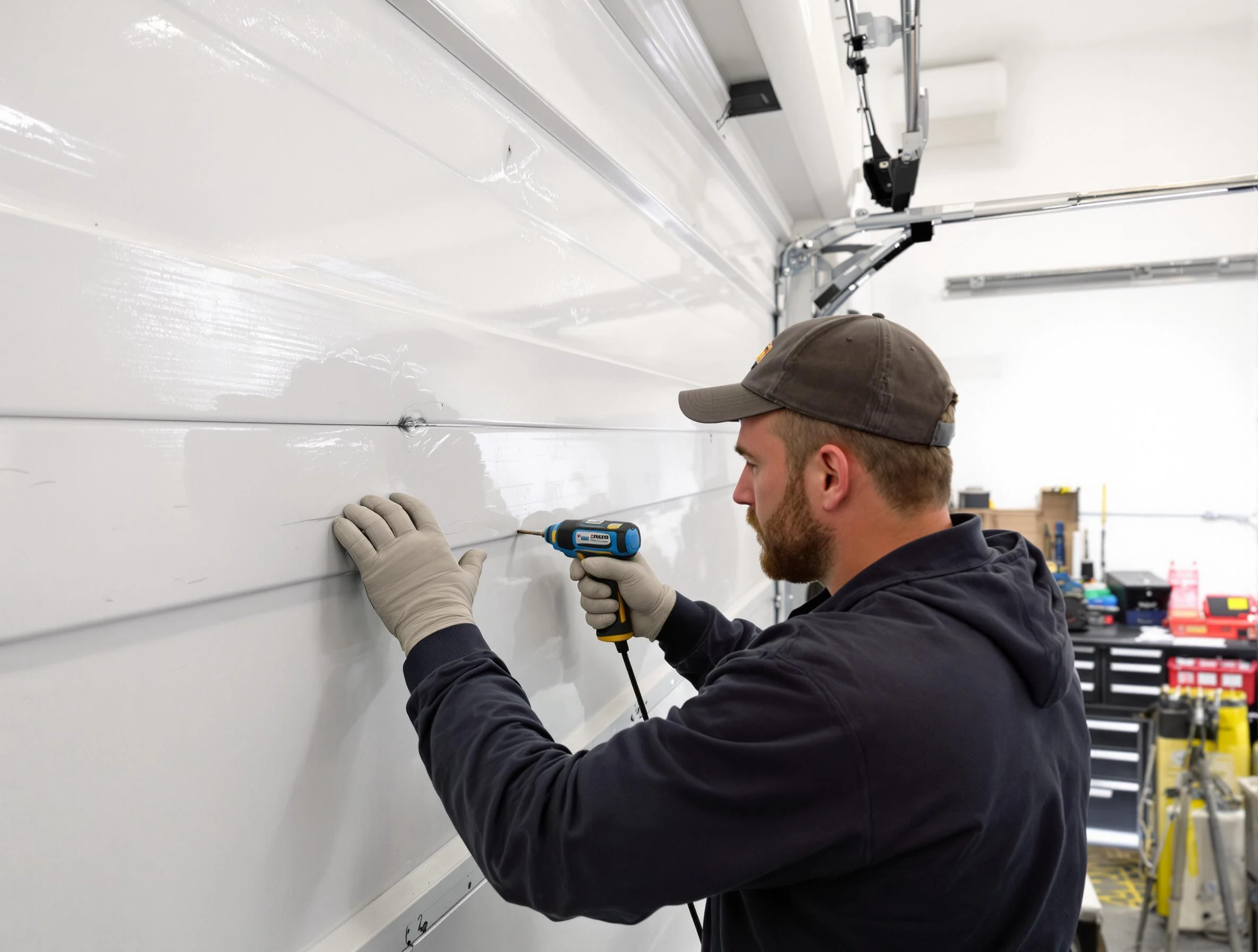Highland Garage Door Repair technician demonstrating precision dent removal techniques on a Highland garage door