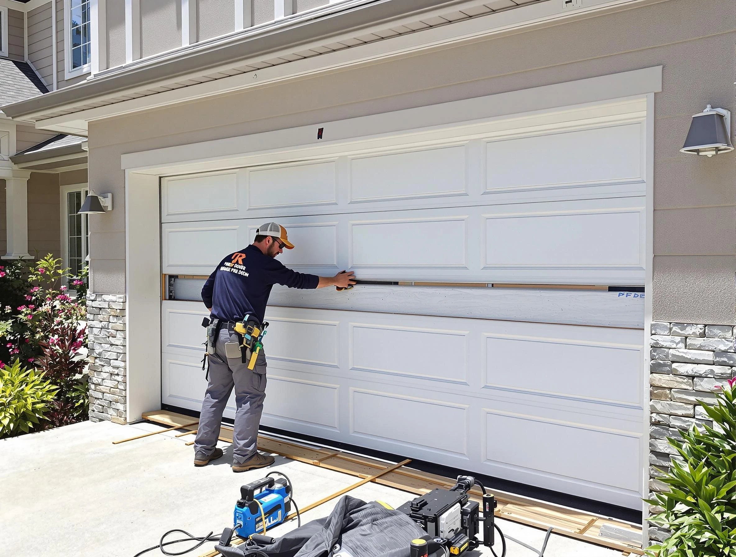 Highland Garage Door Repair team performing complete garage door replacement at Highland residence