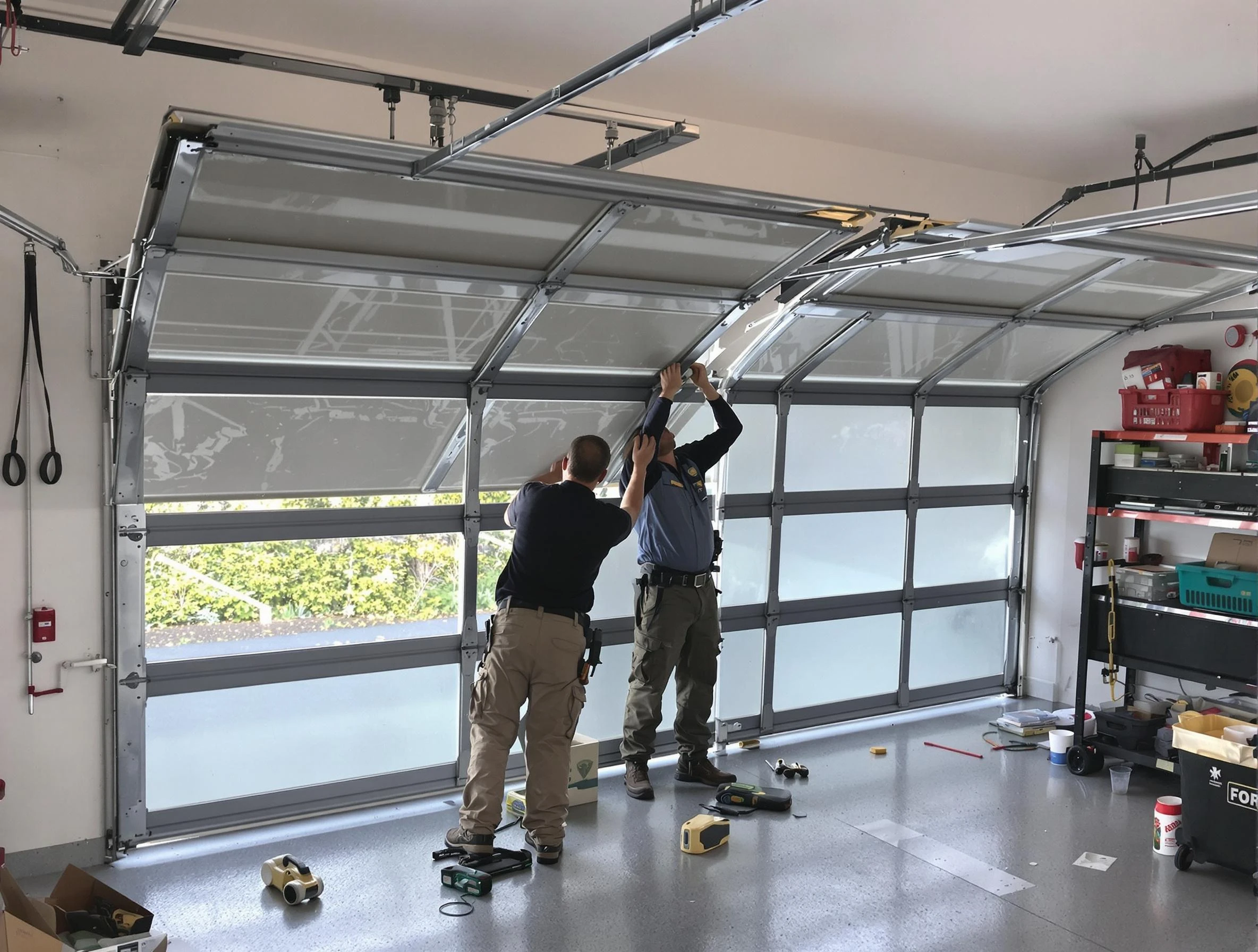 Highland Garage Door Repair expert performing precise panel replacement on Highland garage door