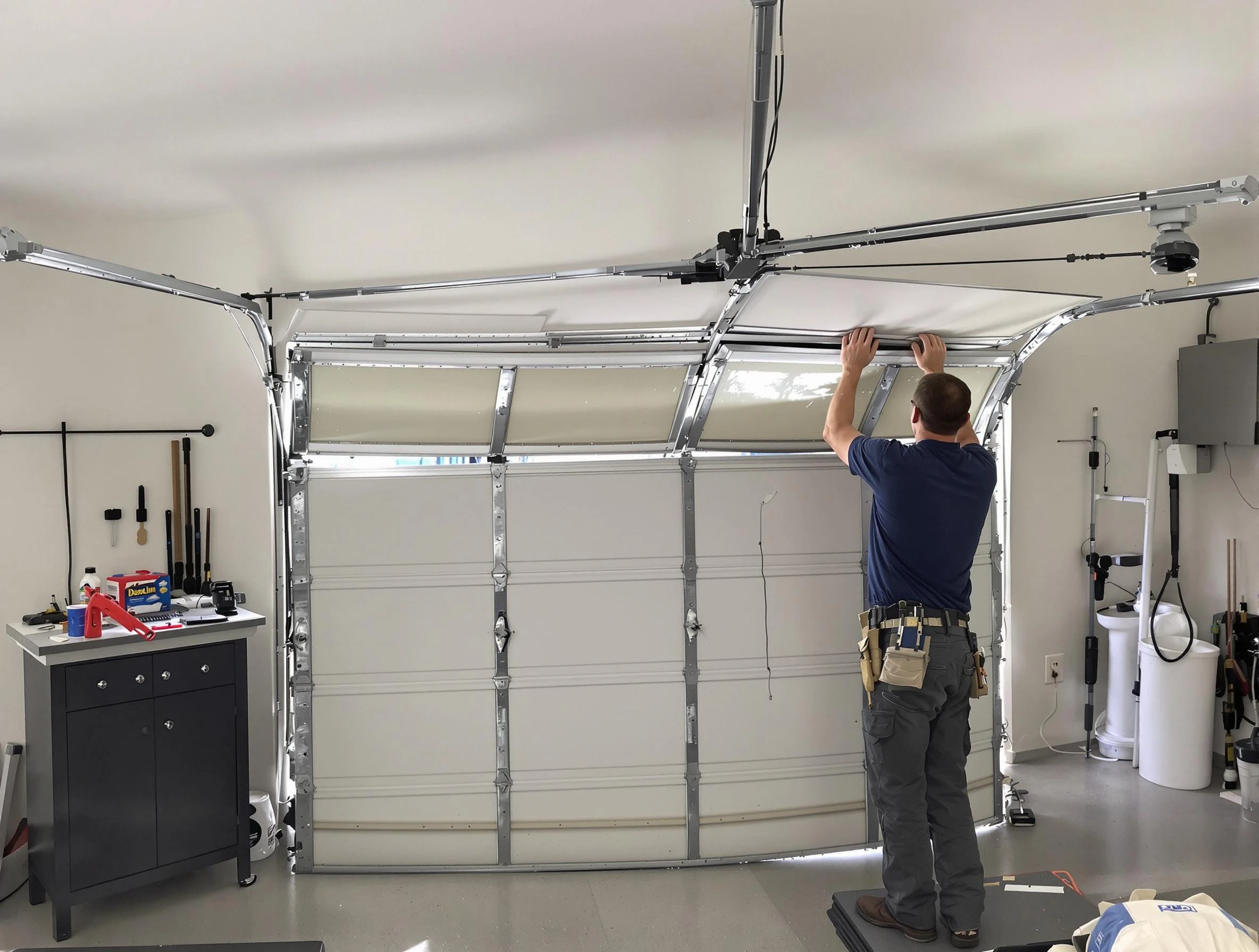 Highland Garage Door Repair specialist performing precise section replacement on Highland garage door