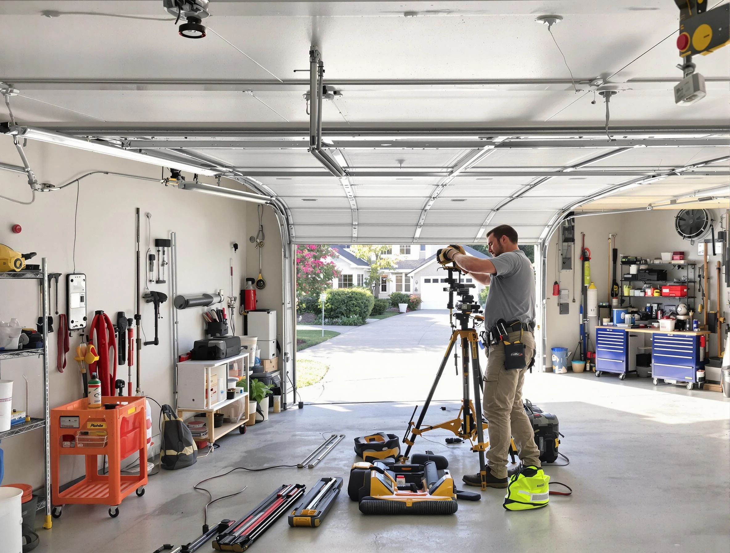 Highland Garage Door Repair specialist performing laser-guided track alignment in Highland
